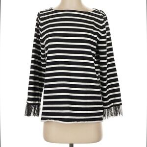 J. Crew Black & White Striped Boatneck Top with Lace Cuffs